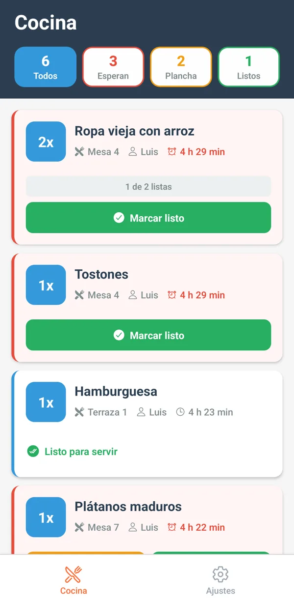 Teléfono en modo cocina: arriba cuántos platos esperan, cuántos están en la plancha y cuántos listos; debajo cada plato con su cantidad, la mesa, el mesero y el tiempo que lleva, un arroz de dos con uno ya listo, unos tostones en la plancha, una hamburguesa lista para servir y unos plátanos esperando.