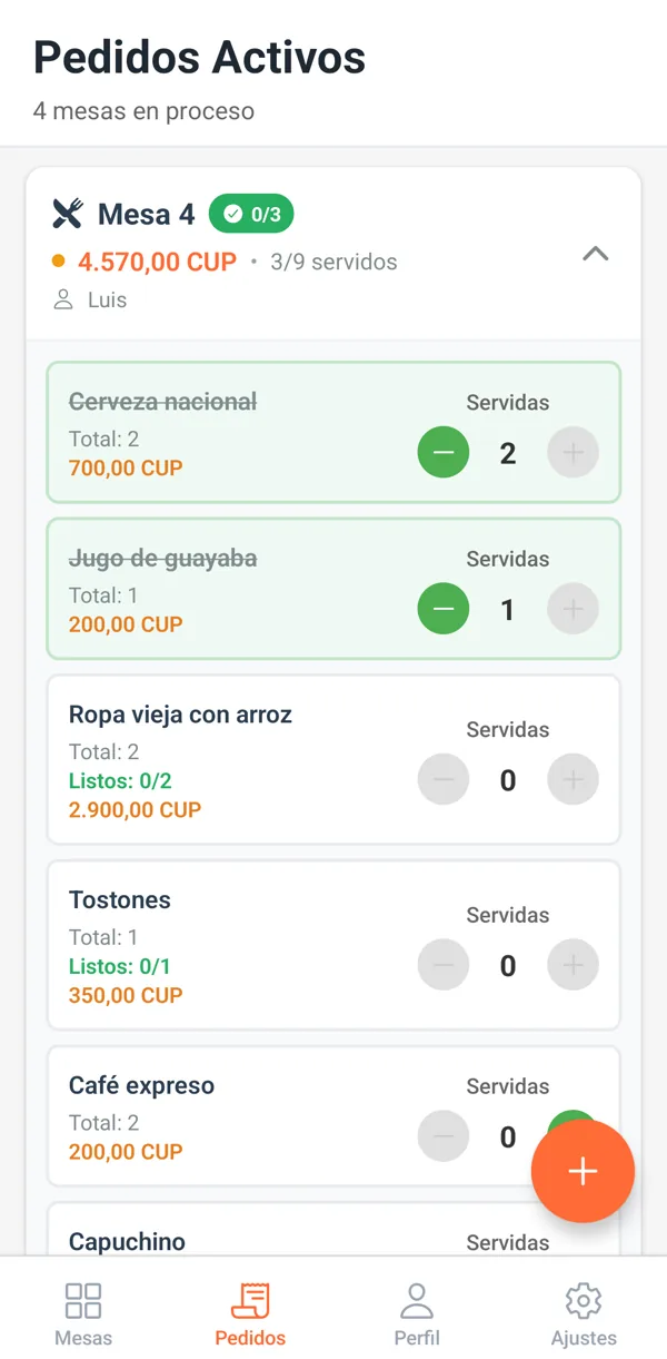 Pedidos activos en la app del mesero: cada producto de la mesa con cuántos se han servido y, en los platos de cocina, cuántos están listos.