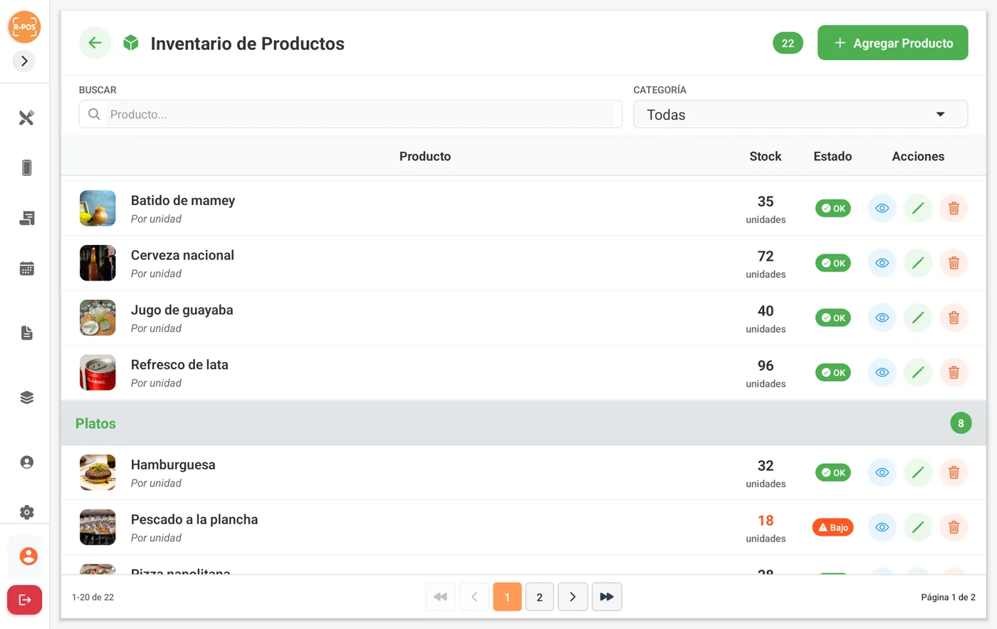 Inventario de productos en la tablet: buscador y filtro por categoría, cada producto con su foto y sus existencias, y un aviso de stock bajo en rojo.